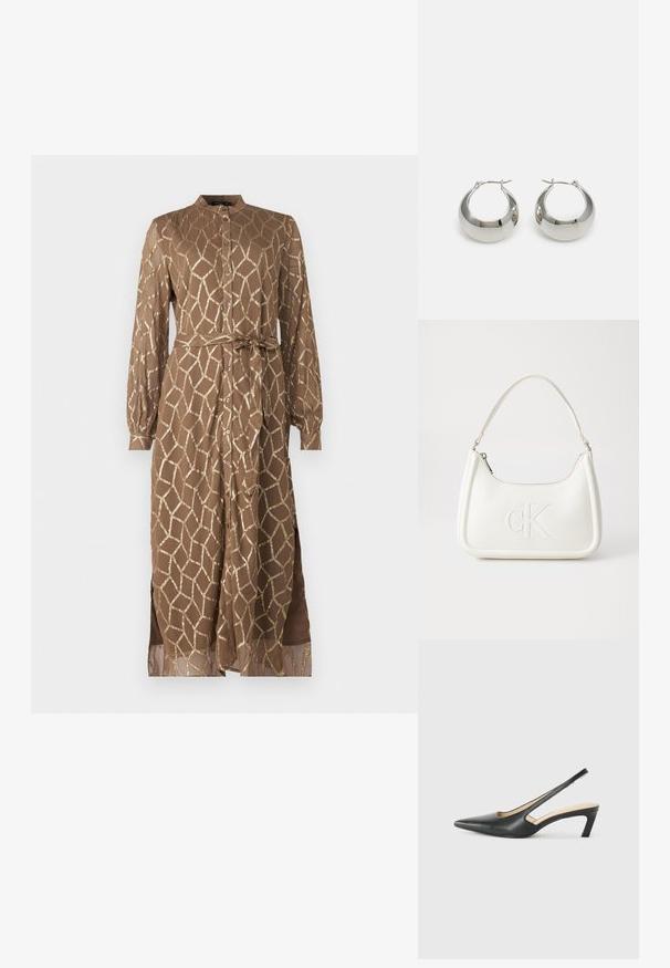 Smeđi, dugouhi haljina s geometrijskim zlatnim uzorkom, koja ima dugmad sprijeda, vezivanje u struku i bočne proreze za lakše kretanje.; Crne cipele s izduženim vrhom i remenom oko pete, s niskom petom, izrađene od glatke kože i s izrezbarenom stranom radi prozračnosti.; Bijela kožna torba s zakrivljenim oblikom, koja na prednjoj strani ima utisnut logotip "CK" i jedan remen za nošenje preko ramena. Zatvaranje na munju na vrhu.; Srebrne metalne naušnice u obliku obruča s glatkom, sjajnom površinom i strukturiranim, zaobljenim dizajnom. Imaju šarkasti kopča za sigurno nošenje.