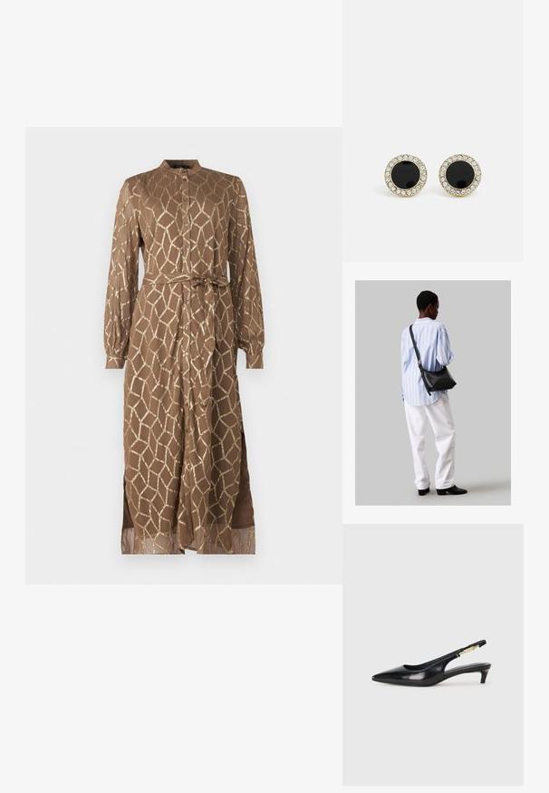 Hnedé šaty s dlhým rukávom a geometrickým zlatým vzorom, s gombíkovou prednou časťou, viazaním v pase a bočnými rozparkami pre pohodlný pohyb.; Čierne kožené slingback opätky s špicatou špičkou, s úzkym opätkom a zlatým detailom na nastaviteľnom remienku. Hladká textúra.; Čierna kožená ramenná taška so mäkkou textúrou, trojuholníkovým tvarom a nastaviteľným popruhom, skombinovaná s svetlomodrou pruhovanou košeľou a bielymi nohavicami.; DKNY INLAY STUD - Náušnice - black/gold-coloured