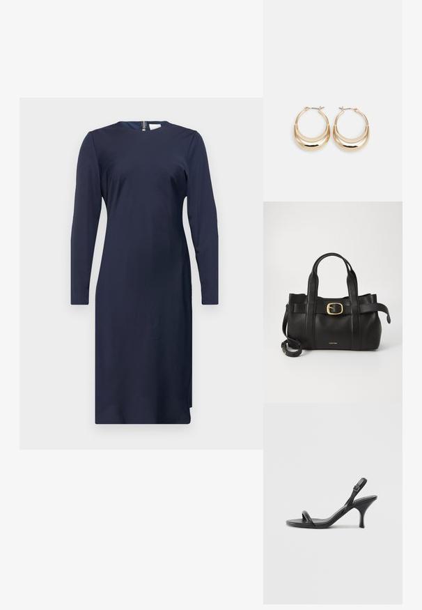 Tamsiai mėlyna ilga suknelė, pagaminta iš lygaus audinio, su apvalia iškirpte, šoniniu plyšiu ir nugarine užtrauktuko uždarymo sistema, kad būtų lengviau dėvėti.; Juodos odinės aukštakulnės šlepetės su plonu, kreiviu kulnu ir kryžminiu dirželio dizainu. Reguliuojamas kulkšnies dirželis. Lygus paviršius.; Juodas odinis rankinės maišas su struktūrizuotu dizainu, dviem viršutinėmis rankenomis, auksinės spalvos sagtimi ir iškilniu prekės ženklu priekyje.; Auksinės tonacijos auskarai su mėnulio forma, lygus paviršius ir sklendės uždarymas. Lygus tekstūra ir atspindintis finis padidina matomumą.