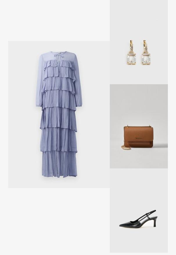 Svijetloplava haljina dugih rukava s višestrukim horizontalnim volanima, okruglim izrezom s vezicom i lepršavim, slojevitim dizajnom.; Crne lakirane slingback pete s oštrim vrhom, s teksturiranim uzorkom zmijske kože, podesivom remenom i kratkom, teksturiranom blok-petom.; Smeđa kožna torba preko tijela s teksturom, zlatnim lančićem i preklopom na zatvaranju. Na prednjoj strani nalazi se detalj s potpisom i džep ispod preklopa.; Zlatne naušnice s pravokutnim, prozirnim kristalom koji visi ispod niza malih, okruglih prozirnih akcenata. Elegantni, moderni dizajn.