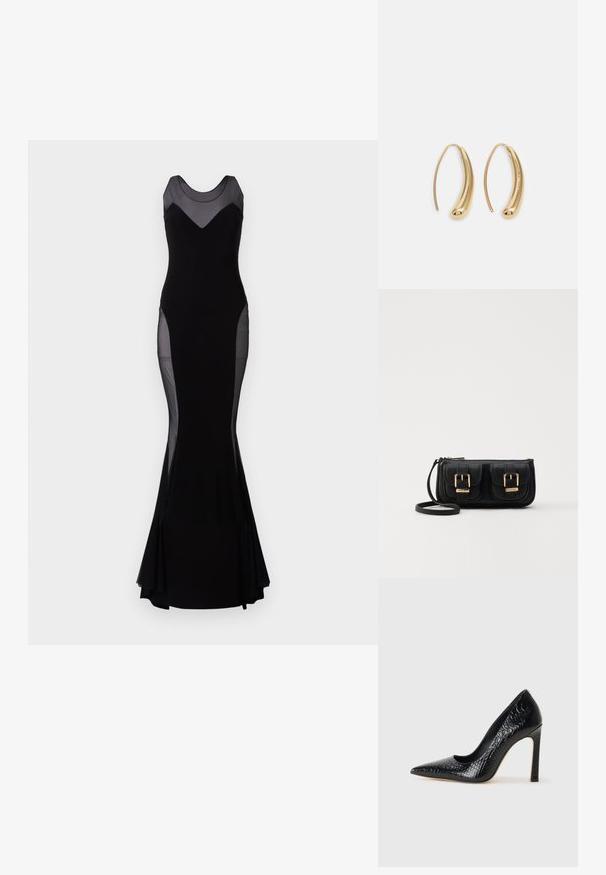 Fekete ujjatlan estélyi ruha, áttetsző hálós betétekkel a vállakon, oldalakon és a felső mellen, testhezálló sziluett, bővülő szegély.; Fekete hegyes orrú magassarkú cipő krokodilbőr textúrával, letisztult dizájnnal, magas tűsarkú és sima fekete belső résszel.; Fekete bőr keresztbody táska két elülső zsebbel, arany csattokkal, cipzáras záródással és vékony pánttal. Textúrált felület és kompakt téglalap alak.; Aranyszínű fémből készült karika fülbevalók ívelt, hosszúkás formával. Simaságával és fényes felületével, valamint lekerekített végével további részletekkel bővül.