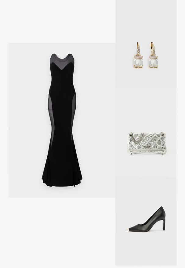 Fekete ujjatlan estélyi ruha, áttetsző hálós betétekkel a vállakon, oldalakon és a felső mellen, testhezálló sziluett, bővülő szegély.; Fekete bőr magas sarkú cipő hegyes orral és fém ezüst orrtippel. Simább kivitelű, karcsú, 10 cm-es sarokkal.; Ezüst színű fémes kézitáska lánckarral, steppelt textúrával, díszített varrással és cipzáros záródással. A fonákján domború részletek találhatók.; Aranyszínű fülbevalók, melyek egy téglalap alakú, tiszta kristállyal díszítették, ami egy sor kis, kerek, tiszta kiegészítő alatt lóg. Letisztult, modern dizájn.