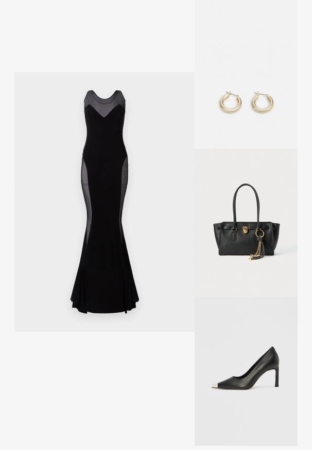 Čierne večerné šaty bez rukávov s priesvitnými sieťovinovými panelmi na pleciach, bokoch a hornej časti hrudníka, priliehavý strih, rozšírený lem.; Čierna kožená lodička s vysokým opätkom, špičkou a kovovou striebornou špičkou. Má hladký povrch a štíhly 10 cm opätok.; Čierna kožená kabelka s dvojitými uchami, zlatým zámkom a reťazovým detailom, a čierno-bielym strapcom na bielom pozadí.; Lauren Ralph Lauren BASIC SMALL HOOP - Náušnice - gold-coloured