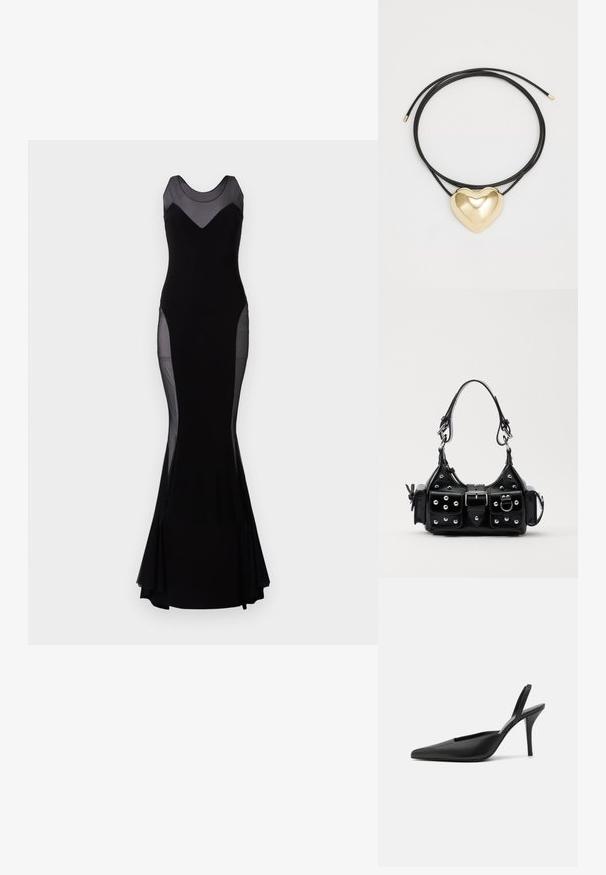 Vestido de noite preto sem mangas com painéis de rede translúcida nos ombros, laterais e parte superior do peito, silhueta justa e bainha assimétrica.; Sapatos de salto aberto pretos com biqueira afiada, material de couro suave e um design elegante e minimalista. Salto alto de agulha.; Bolsa de couro preta com um design curvado, apresentando tachas prateadas, uma fivela e dois bolsos laterais. Alça ajustável para opções de transporte.; Colar de cordão trançado preto com um pingente de coração dourado polido, apresentando curvas suaves e um acabamento brilhante.