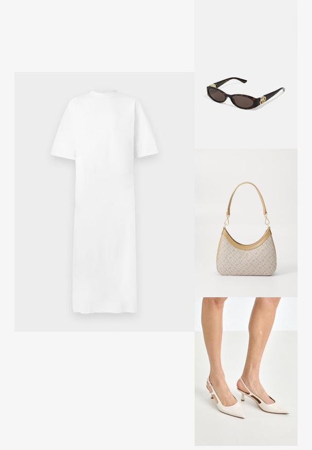 Biała sukienka t-shirtowa, krótki rękaw, okrągły dekolt, prosty krój, gładka faktura, do kolan, minimalny design, brak widocznych wzorów czy akcentów.; Beżowe lakierowane szpilki z odkrytą piętą, zakończone spiczastym noskiem i 5 cm obcasem, z wyciętymi bokami oraz cienkim paskiem na kostce.; Słoneczne okulary w kolorze żółwi z wydłużonymi owalnymi soczewkami, brązowym odcieniem, złotymi akcentami logo na zausznikach oraz smukłymi czarnymi ramionami.; Beżowa torebka w wzory o zakrzywionym kształcie, z skórzanymi akcentami i złotym logo z przodu. Posiada krótki uchwyt, co ułatwia noszenie.
