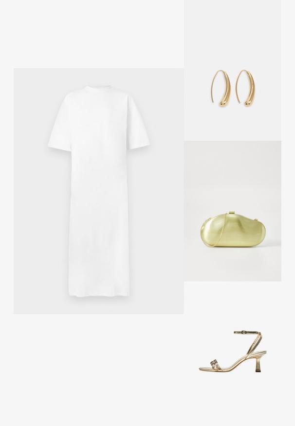 Rochie albă din bumbac, cu mâneci scurte, gât rotund, croi drept, textură netedă, până la genunchi, design minim, fără modele sau accente vizibile.; Sandală aurie metalică cu toc înalt, curea la gleznă, două benzi înguste în față și toc pătrat. Are embellishments decorative.; Plică metalică de culoare aurie, cu o formă rotundă și alungită, care prezintă o curea de lanț și un sistem de închidere cu clips. Textură netedă și reflectorizantă.; Cercei din metal auriu, cu un design curbat și alungit. Au o suprafață netedă și strălucitoare, cu un vârf rotunjit pentru un detaliu suplimentar.