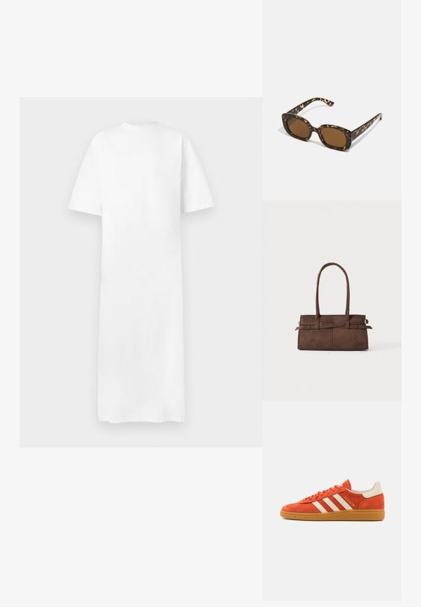 Valkoinen t-paitamekko, lyhyet hihat, pyöreä kaula-aukko, suora leikkaus, sileä rakenne, polvipituinen, minimaalinen muotoilu, ei näkyviä kuvioita tai korostuksia.; Oranssi mokkanahkainen lenkkitossu, jossa on valkoisia nahkaisia yksityiskohtia, kolme valkoista raidallista sisustusta ja kuminen pohja. "Spezial" logo kengän kielessä.; Kaurisilmät, joissa on pyöreä, jämäkkä kehys ja ruskeat linssit. Ominaisuuksiin kuuluvat hillityt kuviot sekä suorat, kapenevat sangan osat.; Meripiyri silk scarf yang berbentuk navy dengan grafis penunggang kuda cokelat, pola tali biru dekoratif, dan teks "LEVI'S DIPAKAI OLEH SEMUA PENUNGGANG KUDA" berwarna merah.; Ruskean mokkanahkainen käsilaukku, jossa on kaksi tukevaa kahvaa, suorakulmainen muoto ja koristeellinen hihnayohtelu edessä.