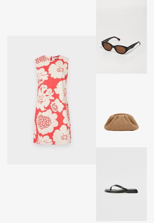 Rochie scurtă florală în roșu și crem, cu un design fără mâneci, guler înalt și modele florale mari albe pe tot parcursul.; Sandale negre din piele netedă, cu un design cu curea subțire și o talpă plată cu un profil minimalist. Fără modele sau accente notabile.; Ochelari de soare tortoise black cu lentile maro, design unghiular și brațe late cu un detaliu subtil al logo-ului. Textură de plastic neted.; Plică tricotată de culoare bej, cu un design plisat și formă rotundă, având o finisare din țesătură texturată și o deschidere superioară moale.