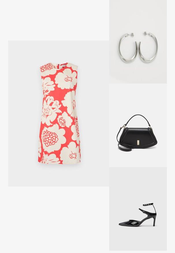 Trumpa gėlių suknelė raudonos ir kreminės spalvos, su rankovių neturintis dizainas, aukštu kaklu ir didelėmis baltomis gėlių raštais visur.; Juodos lakinės odos aukštakulnės su smailiu koja, reguliuojamais kulkšnies dirželiais ir lieknu kulnu. Lygus paviršius su blizgiu apdaila.; Juoda odinė rankinė su struktūrizuotu dizainu, turi trumpą formą, viršutinę rankeną ir auksinius akcentus. Pridėtas reguliuojamas peties diržas.; Sidabriniai apvalūs auskarai su lygiu, išlenktu dizainu. Yra blizgus metalinis paviršius ir smeigtukų uždarymas. Nėra matomų raštų ar akcentų.