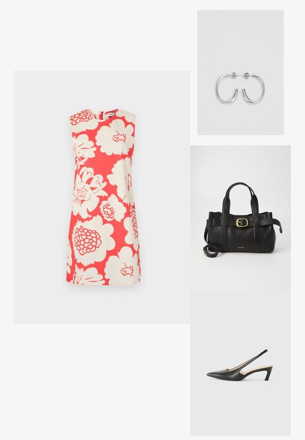 Kratka cvetna obleka v rdeči in kremni barvi, ki ima brezrokaven kroj, visok ovratnik in velike bele cvetne vzorce po celi obleki.; Črne čevlje s koničastimi nosovi in slingback obliko z nizko peto, izdelane iz gladke usnjene materiale ter s črtasto zasnovo na strani za prezračevanje.; Črna usnjena torba s strukturirano zasnovo, dvojni zgornji ročaji, zlato-tonirni zaponka kot dodatek in vtisnjeni logotip blagovne znamke spredaj.; Srebrne obročaste uhane z gladko, sijočo površino. Zaobljena oblika, lahka zasnova, z zapiranjem na zatič.
