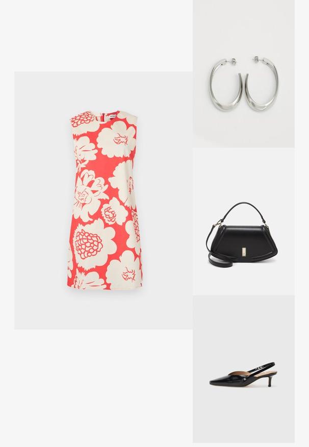 Kurzes Blumenkleid in Rot und Creme, mit ärmellosem Design, hohem Ausschnitt und großen weißen Blumenmustern darauf.; Schwarze Lackleder Slingback-Pump mit spitzem Zehenbereich, kleinem Absatz und einem Ausschnittdesign auf dem Vorderteil. Hardware in Goldton als Akzent an der Seite.; Schwarze Lederhandtasche mit einem strukturierten Design, das eine verkürzte Form, einen oberen Griff und goldfarbene Hardware-Details aufweist. Verstellbarer Schulterriemen ist enthalten.; Silberne Creolen mit einem glatten, geschwungenen Design. Mit einem glänzenden metallischen Finish und Steckverschluss. Keine sichtbaren Muster oder Akzente.
