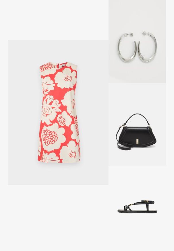 Krótka kwiecista sukienka w kolorze czerwonym i kremowym, z bezrękawowym fasonem, wysokim dekoltem i dużymi białymi wzorami kwiatowymi w całej sukience.; Czarne skórzane sandały z cienkimi paskami i zapięciem na kostce. Płaska podeszwa o teksturowanym wykończeniu i ząbkowanej krawędzi. Minimalistyczny design.; Czarna skórzana torebka o strukturalnym designie, z przyciętą formą, górnym uchwytem i złotymi akcentami. W zestawie regulowany pasek na ramię.; Srebrne kolczyki-hoop o gładkim, zakrzywionym designie. Posiadają błyszczące metaliczne wykończenie i zapięcie na sztyft. Brak widocznych wzorów lub akcentów.