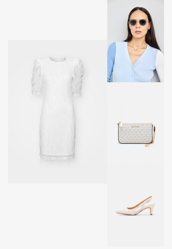 Λευκό φόρεμα με εφαρμοστή σιλουέτα, που διαθέτει μανίκια με φουσκωτές λεπτομέρειες και υφή που λάμπει με κατακόρυφες χνουδωτές διακοσμήσεις.; Λευκή γόβα slingback με μυτερή μύτη, λείο υλικό επάνω, χαμηλό τετράγωνο τακούνι και σχέδιο με κοπή στο πλάι με ρυθμιζόμενο λουρί κουμπώματος.; Στρογγυλά γυαλιά ηλίου με σκούρους φακούς και χρυσά σκελετό. Το μοντέλο φοράει ένα ανοιχτό μπλε, ριχτό cardigan με κουμπιά και αντίθετους λευκούς μανίκες.; Πορτοφόλι Michael Kors σε μπεζ επεξεργασμένο καμβά με επαναλαμβανόμενο μοτίβο λογοτύπου MK, χρυσές λεπτομέρειες και αποσπώμενη αλυσίδα.