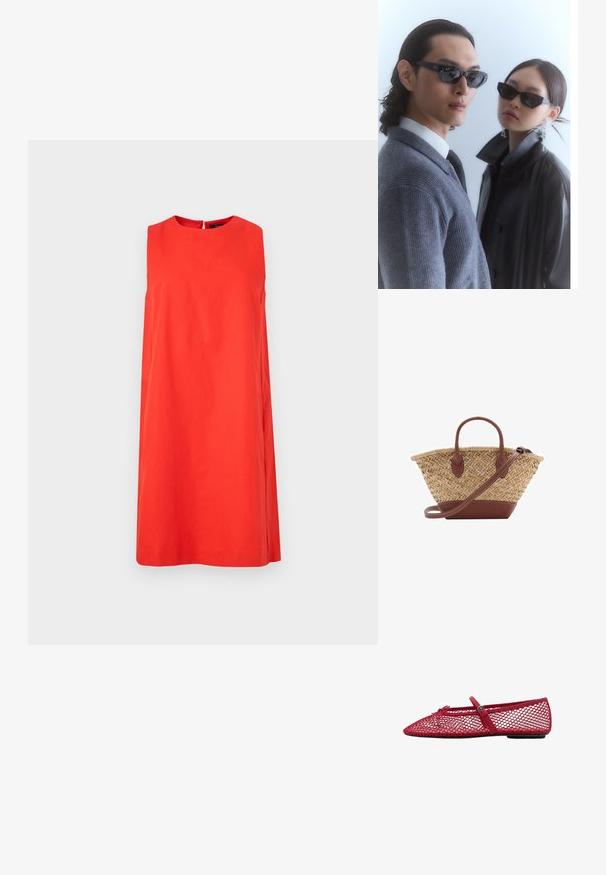 Rød ærmeløs kjole lavet af bomuld, med rund halsudskæring og en lige silhuet. Bagsiden har en lille nøglehul-åbning.; Røde mesh balletflade med spids tå, der har en tynd rem og spænde detalje. Overdelen har et åbent, honningkombinationsmønster.; Solbriller med angulære sorte stel på en model iført en grå sweater, der viser struktureret strik og en sort læderjakke båret af en anden model.; Vævet stråkurv med brune læderdetaljer, to håndtag og en aftagelig rem. Buet form med en robust bund.