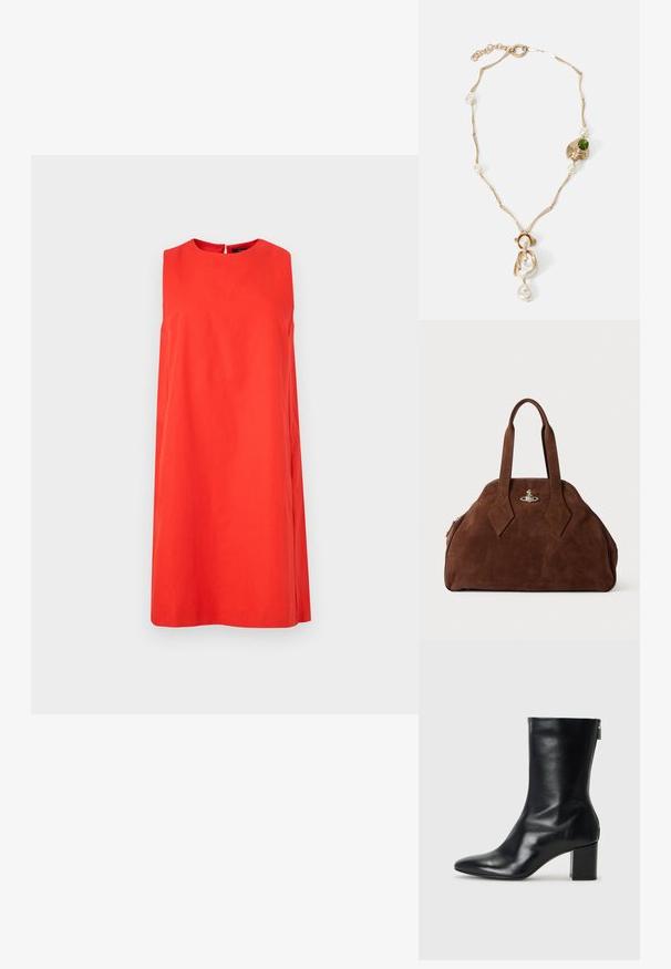 Robe sans manches rouge en coton, avec un col rond et une silhouette droite. Le dos présente une petite ouverture en forme de clé.; Bottine en cuir noir avec un bout pointu et un talon carré de 4 cm. Design élégant avec une fermeture éclair sur le côté pour un enfilage facile. Texture lisse.; Sac à main en daim marron avec une forme structurée, un corps arrondi et des poignées allongées en forme de diamant. Il dispose d'une fermeture en métal argenté.; Collier doré avec des maillons torsadés, perles blanches et une pierre verte en accent. Présente des détails raffinés et un fermoir pour la fermeture.