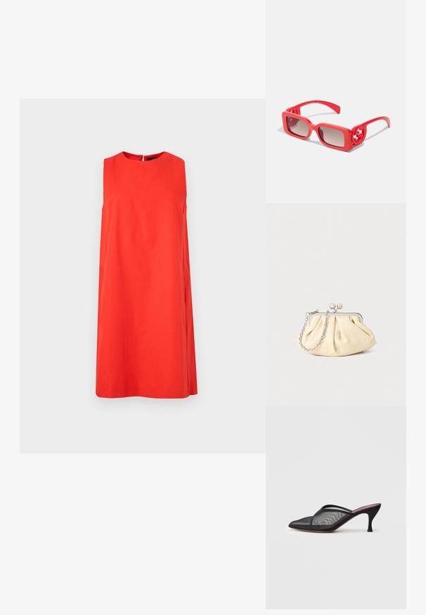 Punane ilma varrukateta kleit puuvillast, millel on ümmargune kaelus ja sirge siluett. Seljal on väike võtmeaugu avamine.; Mustad mustridest muulid terava varbaga, õhukeste rihmadega ja 3-tollise stiilse kontsaga. Omab läbipaistvat tekstuuri ja ühtlast tooni tallat.; Punased plastist päikeseprillid ruudukujuliste raamidega, gradient-läätsed ja ringikujulised logo aktsendid tempeltes. Sile tekstuur läikiva viimistlusega.; Kortsus beežist nahast kotike, millel on hõbedane metallraam, kaunistatud kahe ümmarguse dekoratiivse lukuga ja hõbedase ketispideme. ; Valge rõngas, millel on läikiv pind, suur kuldne ringikujuline aksent ja kolm väiksemat kuldset kera ühel küljel. Sujuv tekstuur.
