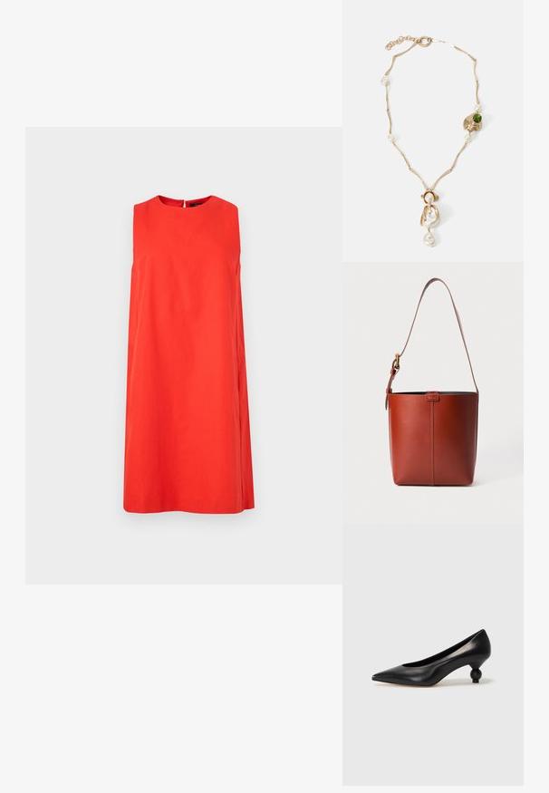 Vestido sin mangas rojo hecho de algodón, con un escote redondo y una silueta recta. La parte posterior tiene una pequeña abertura en forma de llave.; Zapato de tacón alto de cuero negro con puntera afilada y un tacón redondeado y abombado. Textura suave con un diseño elegante y minimalista.; Bolso de cuero marrón tipo cubo con correa para el hombro ajustable y hebilla dorada, con un simple detalle de costura vertical en la parte frontal.; Collar de tono dorado con eslabones retorcidos, perlas blancas y un acento de piedra verde. Presenta detalles intrincados y un broche para su cierre.