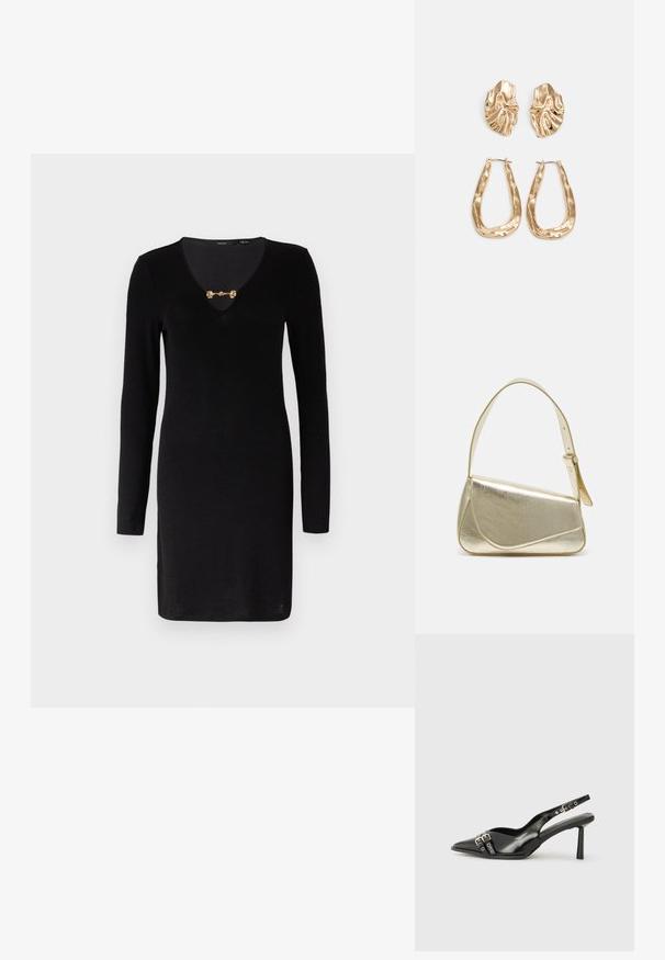 Vestido preto de manga longa com decote em V profundo, apresentando um fecho decorativo dourado na gola. Textura suave, design ajustado.; Sapato slingback preto em pele patentada com bico apontado, tiras no tornozelo apresentando fivelas e acessórios prateados, e um salto elegante.; Bolsa de mão metálica dourada com um design estruturado, textura suave e alça ajustável. Apresenta uma forma triangular única e costura minimalista.; Brincos em tom de ouro com formas onduladas e texturizadas. Inclui studs escultóricos com presilha e um design de argola aberta com um acabamento martelado.
