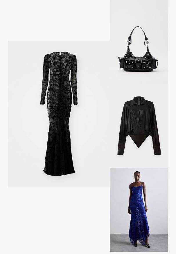 Norma Kamali LONG SLEEVE V NECK SHIRRED FRONT FISHTAIL GOWN - Festklänning - black; Svart body med långa ärmar, V-ringning och en figursydd silhuett. Tillverkad av glänsande, slät tyg med en strukturerad krage och manschetter.; Maxiklänning med blå och lila djurmönster, tunna remmar, åtsittande byst, utsvängd fåll och genomskinliga detaljer.; Svart läderhandväska med en kurvad design, prydd med silverfärgade nitar, ett spänne och två sidofickor. Justerbar rem för olika bäralternativ.