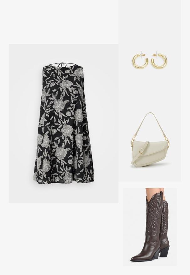 Čierne bezrukávové šaty s bielym kvetinovým vzorom, s voľným strihom a viazaním na zadnej strane. Ľahká textúra látky.; Hnedé kožené kovbojské topánky s špicatou špičkou a blokovým podrážkou, so zložitým prešívaním a vyvýšenými akcentmi na puzdre.; Malá krémová kabelka s textúrovaným povrchom, dlhým nastaviteľným popruhom, reťazovým detailom a klopovým uzáverom. Zlaté kovové prvky.; Zlaté kruhové náušnice s hladkým, lesklým povrchom. Cirkulárny dizajn s malým steblom a jasným záznamom pre bezpečné nosenie.