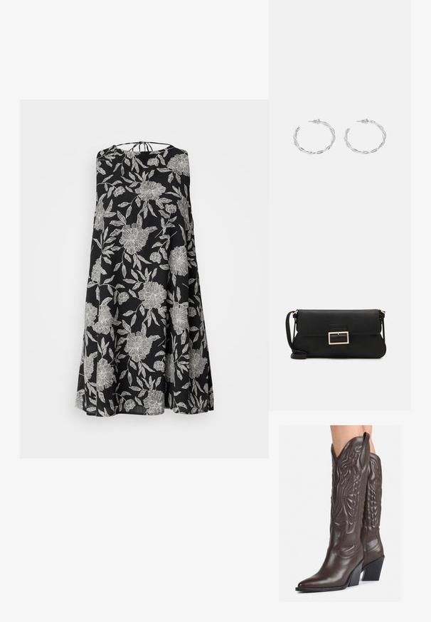 Robe sans manches noire avec un motif floral blanc, présentant une silhouette ample et une fermeture à nouer à l'arrière. Texture de tissu léger.; Bottes de cowboy en cuir marron avec un bout pointu et un talon bloc, présentant des coutures détaillées et des accents en relief sur la tige.; Pochette en cuir noir avec un rabat et un détail en boucle en métal doré. Inclut une sangle noire et un design épuré et minimaliste.; Boucles d'oreilles en argent en forme de créoles avec un design torsadé, dotées d'une finition polie et d'une fermeture à poussoir. Mesurent environ 3 cm de diamètre.