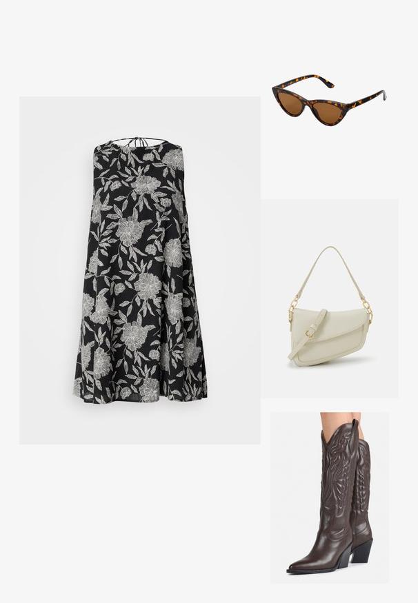 Juoda be rankovių suknelė su baltais gėlių raštais, turinti laisvą siluetą ir surišamą užsegimą nugaroje. Lengvas audinio tekstūra.; Rudos odinės kaubojaus batai su smailiu priekiu ir blokuotu kulnu, pasižymintys detaliu siuvinėjimu ir iškiliais akcentais ant ašies.; Katės akies saulės akiniai su juodu ir oranžiniu šarvuotu rėmeliu, ruda objektyvu ir elegantiškais, smailiais galiukais. Rėmelyje yra minimalus logotipas ant šventės.; Mažas kreminis rankinukas su tekstūruotu paviršiumi, ilga reguliuojama juostele, grandinėle ir užsegimu su atvartu. Aukso detalės.