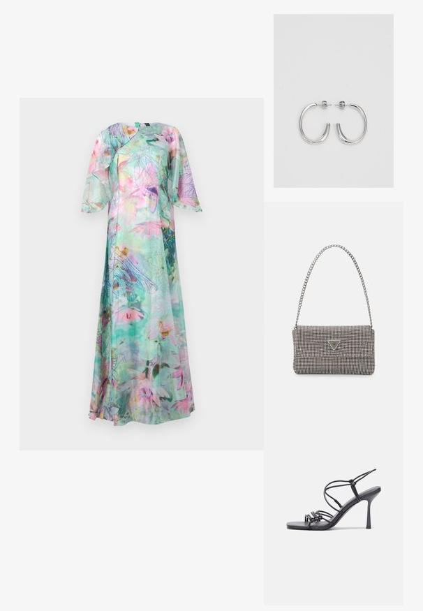 Ilgas sijonas iš permatomos medžiagos, su žaliais ir pastelinių spalvų gėlėmis, drapiruotu dizainu ir trumpomis plazdančiomis rankovėmis.; Juodos aukštakulnės sandalai pasižymi plonyčiais dirželiais su mazgo dizainu, lygiu kvadratiniu pirštu ir elegantišku stiletto kulnu.; Šviesiai pilka metalinė rankinė su grandinėlės dirželiu, papuošta mažais apvaliais metaliniais smeigėmis ir trikampiu prekės ženklu.; Sidabrinės auskarai žiedai su lygiu, blizgiu paviršiumi. Suapvalinta forma, lengvas dizainas, su uždarymu ant smeigtuko.