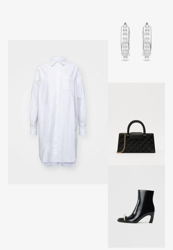 Langärmliges, weißes Hemd aus Baumwolle mit Kragen, langen Ärmeln und einer einzelnen, bestickten Brusttasche.; Schwarzer Knöchelschuh aus glänzendem Leder, mit einer spitzen Zehenform und einem dekorativen gold- und silberfarbenen Akzent an der Vorderseite. Blockabsatz-Design.; Schwarze Handtasche aus strukturiertem Leder mit einem Diamantmuster, goldfarbener Kette, einem oberen Griff und einem Logo-Prägung Klappenverschluss.; Silberne Creolenohrringe mit einer Reihe kleiner, runder, klarer Steine an der Vorderseite, polierte Oberfläche und einem sicheren Verschluss.