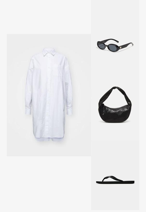 Hosszú, fehér, gombos ing, pamutból készült, galléros nyakkal, hosszú ujjakkal és egy hímzett zsebből álló mellzsebbel.; Fekete gumipapucs, textúrált pánttal és egyszerű lapos talppal, oldalnézetből, világos háttér előtt.; Fekete, ovális napszemüveg sötét lencsékkel, fényes műanyag kerettel, széles szárakkal és egy apró arany díszítéssel az egyik oldalon.; Fekete szőtt bőrtáska ívelt formával, vastag fogantyúval és cipzáras záródással. Felszíne textúrált, fényes befejezéssel.