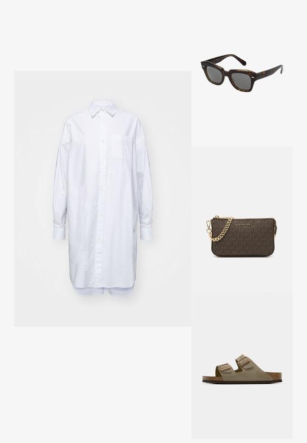 Długa biała koszula z bawełny z kołnierzykiem, długimi rękawami i jedną haftowaną kieszonką na piersi.; Jasnoszare zamszowe sandały z dwoma regulowanymi paskami i różowo-złotymi detalami. Korkowa wkładka na teksturowanej brązowej podeszwie. Otwarty czubek.; Prostokątne okulary słoneczne z oprawką z plastiku w stylu żółwia, ciemnymi soczewkami i srebrnymi akcentami po bokach. Wyprodukowano we Włoszech.; Brązowa skórzana torebka na ramię z wzorem logo, złotym łańcuszkiem na pasku, zapięciem na zamek błyskawiczny oraz złotymi akcentami. Kompaktowy i prostokątny kształt.