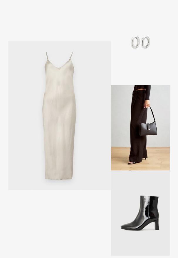 Satin srajca v svetlo bež barvi, ki ima tanke nastavljive naramnice, V-izrez in raven silhuet do tal z gladko teksturo.; Črne lakirane gležnjarje z ošiljenim nosom in srednje visokim blokastim peto. Gladka tekstura in minimalističen dizajn.; Črna torbica z strukturirano obliko, gladko teksturo in kovinskim zaponko. Ujemajo se z širokimi črnimi hlačami in odprtimi sandali na lesenem tleh.; Srebrni obročasti uhani s poliranim finišom, ki se ponašajo s krožno zasnovo in brezšivnimi tečaji ter gladko teksturo.