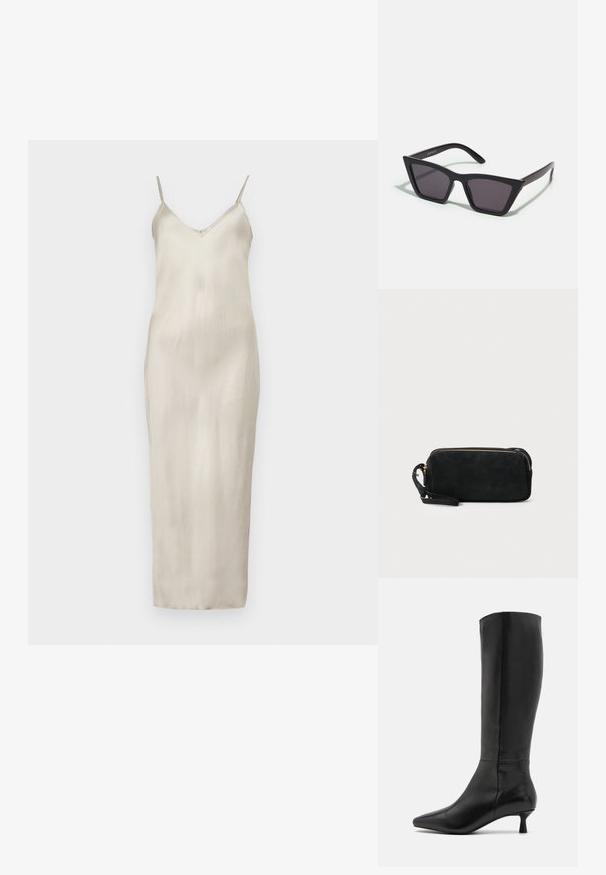 Satinist slip-kleit heledam beežis, õhukeste reguleeritavate rihmadega, V-dekolteega ja sirge põrandapikkuse siluetti sujuva tekstuuriga.; Zign Saapad - black; Mustad mustrakellad, millel on hallid šabloonid; valmistatud plastist, paksude ja siledate kätega, ilma nähtava riistvarata.; Mustan sametist käsipakiga kotike, millel on tõmblukuga sulgemine ja eemaldatav randme rihm. Omab kuldse tooni riistu ja sileda, mati tekstuuri.