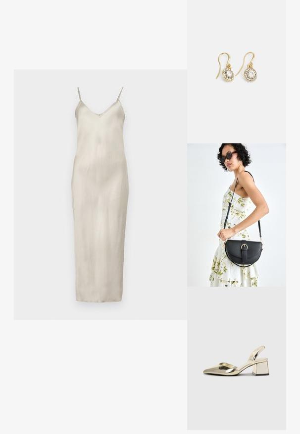 Satin caurspēlējoša kleita gaiši bēšā krāsā, ar plānām regulējamām siksnām, V veida kakla izgriezumu un taisnu grīdas garuma siluetu ar gludu tekstūru.; Zeltaini, metāla kurpes ar siksniņām, norakans purngalis un masīla papēdis. Gluda tekstūra, minimālisma dizains un šaura siksna.; Melnas ādas rokassoma ar izliekta formu, noņemamu siksnu un zelta aksesuāriem. Somai ir vāciņš ar sprādzes detaļu.; Zelta tonī veidotas auskaru piekariņi ar ovālu izgriezumu caurspīdīgām kristālēm, kuras ieskauj mazākas caurspīdīgas akmeņu daļiņas, ar āķveida dizainu drošai valkāšanai.