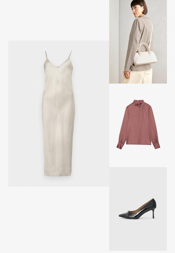 Satinová slip šaty v světle béžové barvě, s tenkými nastavovacími ramínky, V- výstřihem a rovnou siluetou až na zem s hladkým povrchem.; Halenka s dlouhým rukávem v barvě mauve, s vysokým límcem, detailem na boční straně, zapínáním na knoflíky na manžetách a zipem na zadní straně.; Černá lakovaná vysoká podpatková bota s špičatou špičkou, ozdobným páskem v přední části a tenkým stiletto podpatkem.; Bílá strukturovaná kabelka s krátkými uchy a ramenním popruhem, zdobená zlatými kovovými prvky a texturovaným materiálem, vystavená na šedém pozadí.