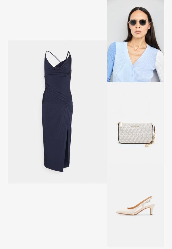 Tengerészkék, ujjatlan ruha rugalmas anyagból; drapírozott dekoltázs, csavart övtartó rész és oldalsó hasíték jellemzi.; Fehér slingback sarok, hegyes orral, sima felső anyaggal, alacsony blokk sarkával és oldalsó kivágott dizájnnal, állítható csatpánttal.; Kerek napszemüveg sötét lencsékkel és arany kerettel. A modellen világoskék, bordázott kardigán van gombokkal és kontrasztos fehér ujjaival.; Michael Kors bézs bevonatos vászon karkötő, amely ismétlődő MK logó mintával, aranyszínű fémrészletekkel és levehető lánchordóval rendelkezik.
