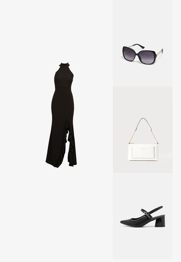 Črna halterska obleka z oprijetim korzetom in razširjeno krilo z nabranim razporkom spredaj. Narejena iz gladkega blaga.; Črne patentne usnjene salonarce s slingback obliko, s koničastim nosom, zaobljenim izrezom in blok peto. Imajo zlato kovinsko zaponko kot dodatno okrasje.; Črne prevelike sončne očala z degradacijskimi lečami, debelimi okvirji in zlatimi verižicami na ročajih.; Bela usnjena torbica z teksturirano površino, ki vključuje zlat pas in črne detajle. Ima sprednji žep in zadrgo.