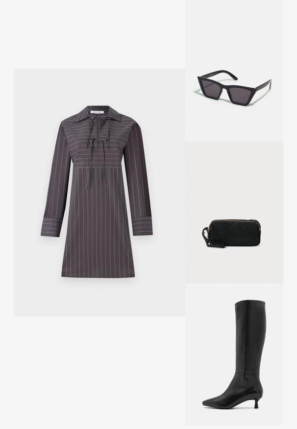 Pilkos ilgos rankovės suknelė su baltomis vertikaliomis juostelėmis, su smailu apykakle, uždarymu kaklo srityje ir tiesia siluetu. Sklandi audinio tekstūra.; Zign Batai - black; Juodos, kampuotos saulės akinios su pilkais stiklais; pagaminti iš plastiko, su storomis šakėmis, turinčiomis lygų paviršių ir be matomų detalių.; Juodas zomšos sankabos krepšys su užtrauktuku ir nuimamu riešo dirželiu. Krepšys turi auksinės spalvos detales ir lygią, matinę tekstūrą.