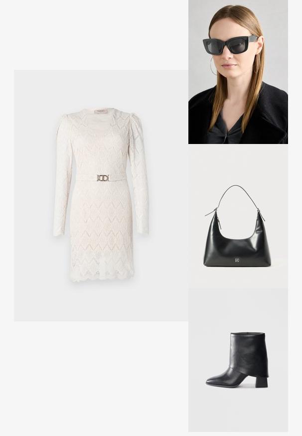 Krajková šaty v off-white s dlouhými rukávy, výstřihem do V a vzorovanou texturou. Má stříbrný opasek v pase pro zvýraznění.; Černá kožená kotníková bota s špičatou špičkou, hladkým povrchem a pevně strukturovaným blokovým podpatkem. Disponuje vysokým, skládacím manžetovým designem.; Černé sluneční brýle ve stylu kočičího oka s tmavými skly, silnými rámy a jemnými detaily. Nosené s černým kabátem a šedým topem, s dlouhými rovnými vlasy.; Černá hladká kožená kabelka přes rameno s zaobleným vrchem, jediným popruhem, zipovým uzávěrem a malým stříbrným logem uprostřed přední strany.