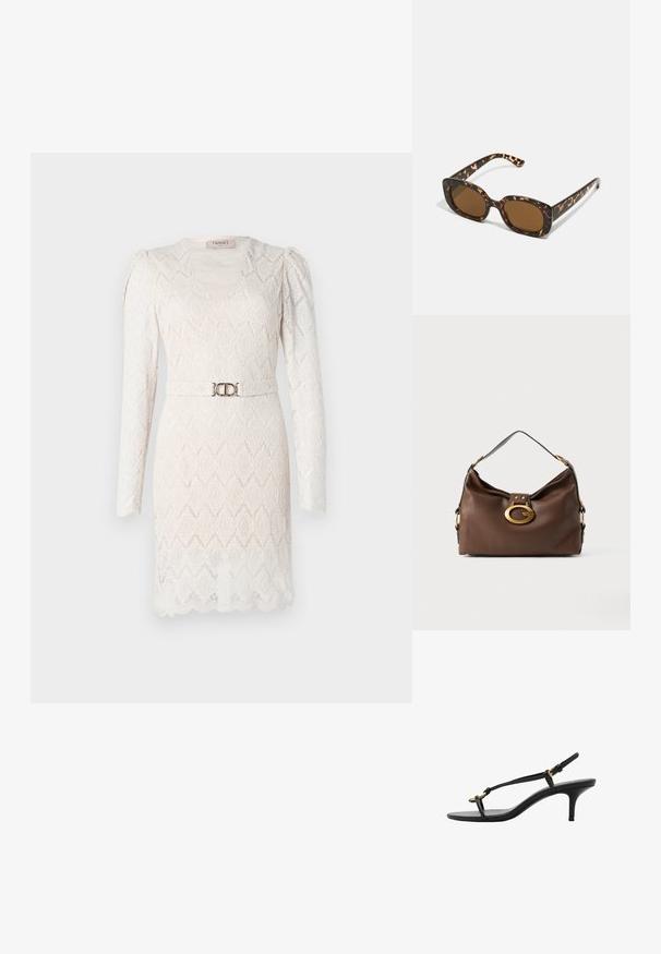 Krajková šaty v off-white s dlouhými rukávy, výstřihem do V a vzorovanou texturou. Má stříbrný opasek v pase pro zvýraznění.; Černé kožené sandály na kotníkovém podpatku s tenkými pásky, zlatou sponou a minimalistickým provlečením na prstech na bílém pozadí.; Sluneční brýle ve skořápce želvy s kulatým, širokým rámem a hnědými čočkami. Mají jemné vzory a rovné, zúžené stranice.; Hnědá kožená kabelka s texturovaným povrchem, která má zlatý kovový klip a jeden zakřivený ramenní popruh.