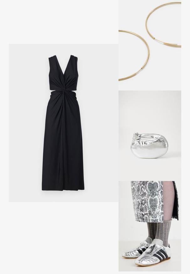 Černé šaty bez rukávů s hlubokým výstřihem do V, zkrouceným předním designem a splývavou tkaninou. Sukně se lehce dotýká podlahy.; Stříbrné fotbalové boty s černými pruhy a elegantním designem, spárované s texturovanými šedými a zlatými pruhovanými ponožkami a vzorovanou sukní.; Stříbrná kovová taška s měkkým, zaobleným tvarem a uzávěrem s uzlem. Vyrobena z hladké umělé kůže.; Zlaté kruhové náušnice, tenké a kulaté, s hladkým kovovým povrchem a bez zdobení či vzorů.