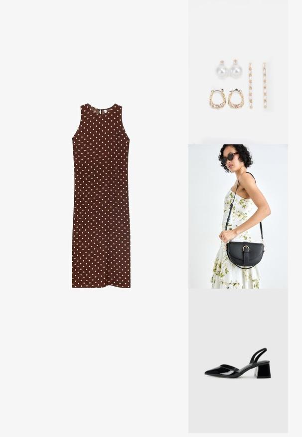 Rochie marron fără mâneci, cu buline albe, cu decolteu rotund și siluetă dreptă. Material neted cu un design simplu.; Pantofi cu toc slingback din piele lacuită neagră, cu vârf ascuțit și toc geometric. Prezintă un design elegant, minimalist și o textură netedă.; Geantă din piele neagră, cu o formă curbată, curea detașabilă și accesorii aurii. Geanta are un capac cu un detaliu tip cataramă.; Trei perechi de cercei: cercei cu perle albe mari, cercei tip cerc din aur cu pietre clare și două cercei lungi, drepți, din aur cu detalii strălucitoare.
