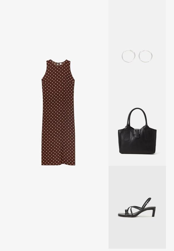 Bruine mouwloze jurk met witte stippen, met een ronde halslijn en een rechte silhouet. Gladde stof met een eenvoudig ontwerp.; Zwarte sandaal met bandjes, vierkante teen en een lage blokhak. Voorzien van meerdere dunne bandjes en een verstelbare enkelband. Gemaakt van zacht leer.; Zwarte leren tote bag met een gladde textuur, gestructureerde vorm, twee handvatten en een opvallend zilveren sluitingdetail aan de voorkant.; Zilveren ronde oorbellen met een strak ontwerp, voorzien van een glad oppervlak en zonder zichtbare versieringen. Diameter niet opgegeven.