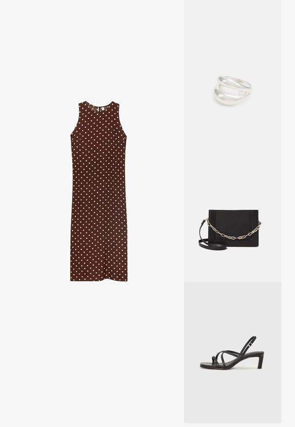 Ruskea ilman hihoja oleva mekko, jossa on valkoisia pisaroita. Mekossa on pyöreä kaula-aukko ja suora siluetti. Sileä kangas ja yksinkertainen muotoilu.; Mustat hihnalligat, joissa on neliön muotoinen kärki ja matala lohkokorko. Ominaisuuksiin kuuluu useita ohuita hihnoja ja säädettävä nilkkahihna. Valmistettu sileästä nahasta.; Musta nahkainen olkalaukku, jossa on sileä pinta, suorakulmainen muoto ja metalliketju yksityiskohtana edessä. Mukana säädettävä hihna.; Hopeinen kaksinkertainen rengas, jossa on sileä, kiillotettu pinta. Siinä on sulava, kaareva muotoilu, jossa on päällekkäisiä osia modernin ilmeen saavuttamiseksi.