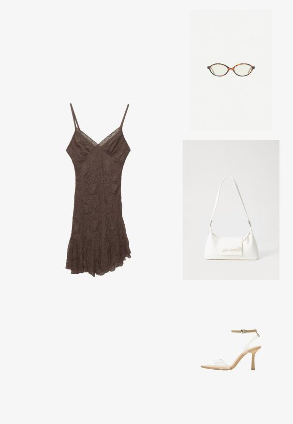 Brun blonde camisole kjole med tynde stropper, V-udskæring, tekstureret stof og bølget kant. Delikate blomster mønstre gennem materialet.; Klart hælet sandal med en gennemsigtig overdel, beige fodseng og en slank ankelrem. Har en spids tå og en tynd høj hæl.; Skildpaddebriller med ovale linser og en elegant, glat finish. Har tynde sider med en subtil kurve ved tindingerne. Klare linser.; Hvid syntetisk håndtaske med en trekantet form, flad forsideklap og sløjfedetalje, justerbar strop, glat tekstur og minimalistisk design.