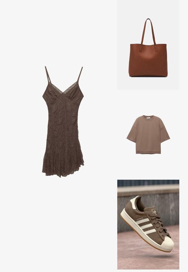 Hnedé krajkové šaty na ramienka s tenkými popruhmi, V-výstrihom, textúrovanou látkou a volánovým lemom. Jemné kvetinové vzory po celej ploche materiálu.; Hnedé oversized tričko, krátke rukávy, okrúhly výstrih, vyrobené z mäkkého bavlneného materiálu, s jednoduchým dizajnom a minimálnymi švami.; Hnedé semišové tenisky s bielymi pruhmi, krémovými akcentmi a gumovou špičkou. Obsahujú šnurovací dizajn a textúrovanú gumenú podrážku.; Hnedá kožená taška na rameno s hladkou textúrou, otvoreným vrchom a dvoma ramenými popruhmi. Má minimálne šitia a žiadne viditeľné kovania.