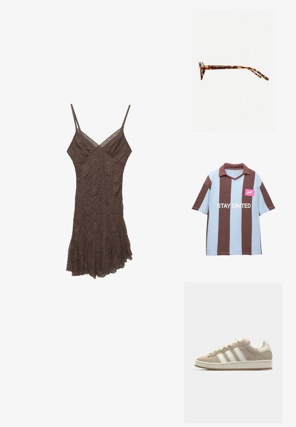 Braunes Spitzen-Camisole-Kleid mit dünnen Trägern, V-Ausschnitt, strukturiertem Stoff und rüschengesäumtem Saum. Zarte Blumenmuster durch den gesamten Stoff.; Braun und hellblau gestreiftes kurzärmliges Poloshirt mit V-Ausschnitt; verfügt über ein pinkes Etikett mit der Aufschrift "STAY UNITED" in Weiß.; Hellbeige Wildlederschuhe mit weißen Lederstreifen und -schnürsenkeln, Gummisohle, gepolstertem Kragen und strukturierten Details auf der Oberseite.; Schildpatt-Sonnenbrille mit dickem Rahmen, leicht gebogenen Bügeln und glatter Textur. Sie präsentiert ein klassisches Design mit glänzender Oberfläche.; Braune Lederschultertasche mit strukturiertem Finish, geschwungener Form, goldfarbenen Beschlägen, verstellbarem Schulterriemen und Klappenverschluss.