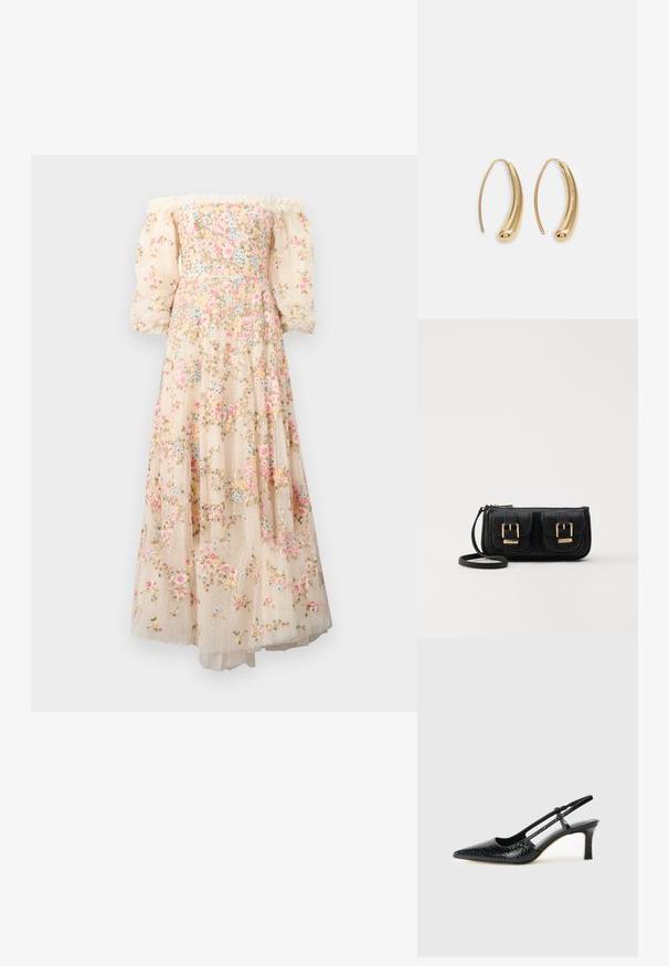 Rochie crem cu decolteu off-the-shoulder, broderie florală, mâneci puff transparente și fustă stratificată, fluidă, cu o textură punctată.; Pantofi cu toc slingback negri din patent, cu vârf ascuțit, cu imprimeu de șarpe texturat, curea ajustabilă și toc scurt texturat.; Geantă neagră din piele, tip crossbody, cu două buzunare frontale, catarame aurii, închidere cu fermoar și o curea subțire. Suprafață texturată și formă rectangulară compactă.; Cercei din metal auriu, cu un design curbat și alungit. Au o suprafață netedă și strălucitoare, cu un vârf rotunjit pentru un detaliu suplimentar.