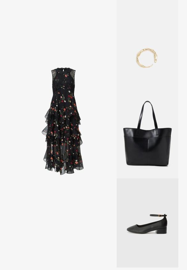 Melna ziedu kleita ar slāņainiem volāniem, bez piedurknēm, ar mežģīņu akcentiem ap kaklu, kurā ir apvienoti sarkani, rozā un balti ziedi.; Melnas ādas sūkņi ar smailu purngalu un zemu bloku papēdi. Iezīmēts ar potītes siksniņu ar zelta krāsas sprādzi. Gluda tekstūra.; Melnas ādas iepirkumu soma ar divām garām rokturām, gludu tekstūru un strukturētu formu. Iekļauj priekšējo kabatu papildu uzglabāšanai.; Zelta toņa gredzens ar organisku, vērptu dizainu, gludu virsmu un sašaurinātiem galiem, radot mūsdienīgu, skulpturālu izskatu.