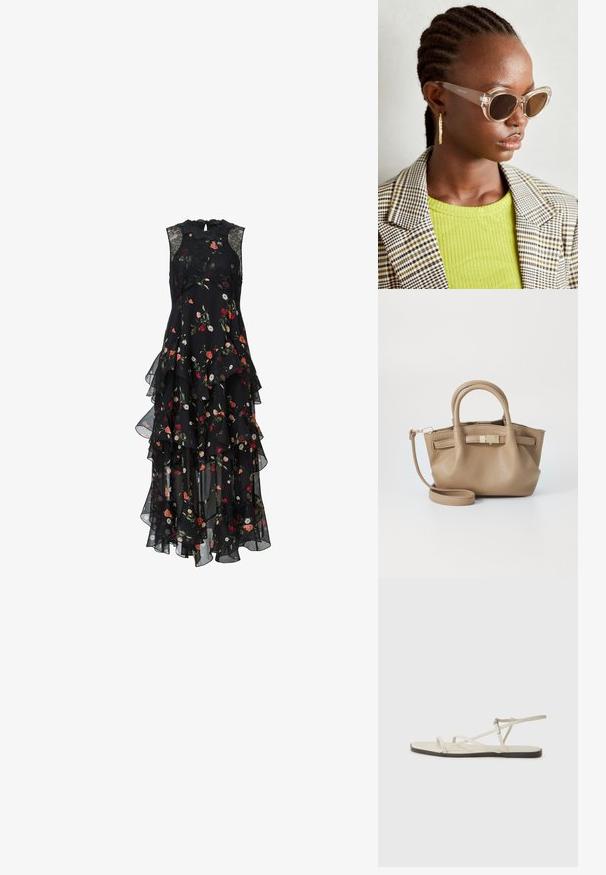 Svart floral kjole med lagdelte volanger, ermeløs design, blondedetaljer ved halsen, med en blanding av røde, rosa og hvite blomster.; Beige flate sandal med flere slanke stropper og en justerbar spenne. Sålen er flat med en svak mørk kontrast langs kanten.; Klare katteøye-solbriller med brune linser og gjennomsiktige rammer. Modell iført en grønn ribbestrikket topp og rutete blazer. Gull hoop øredobber.; Brun lærveske med doble håndtak og avtagbar skulderstropp. Har en gullfarget lås og teksturert overflate.