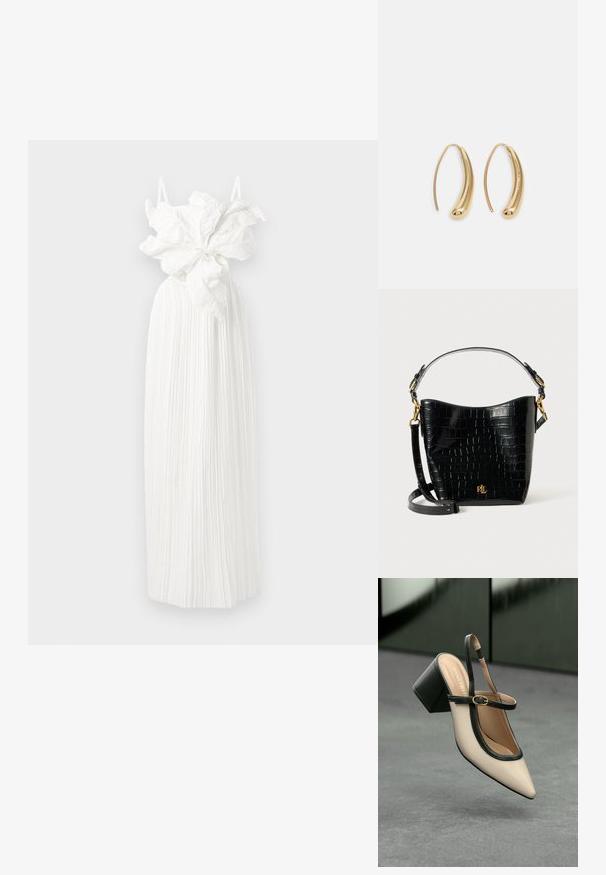 Hvid plisseret kjole med en rynket bodice og en stor blomsterdetalje ved taljen. Tynde skulderstropper fuldender designet.; Beige spids tå slingback sko med sort kant, guld spænde og en chunky blokhæl på grå gulv med mørkegrøn baggrund.; Sort lædertaske med krokodilleprægning, rundet form, guldhardware-detaljer, justerbar rem og logodekal foran.; Guldfarvede metal hoops øreringe med en bøjet, forlænget form. Har en glat, skinnende overflade og en afrundet spids for ekstra detalje.